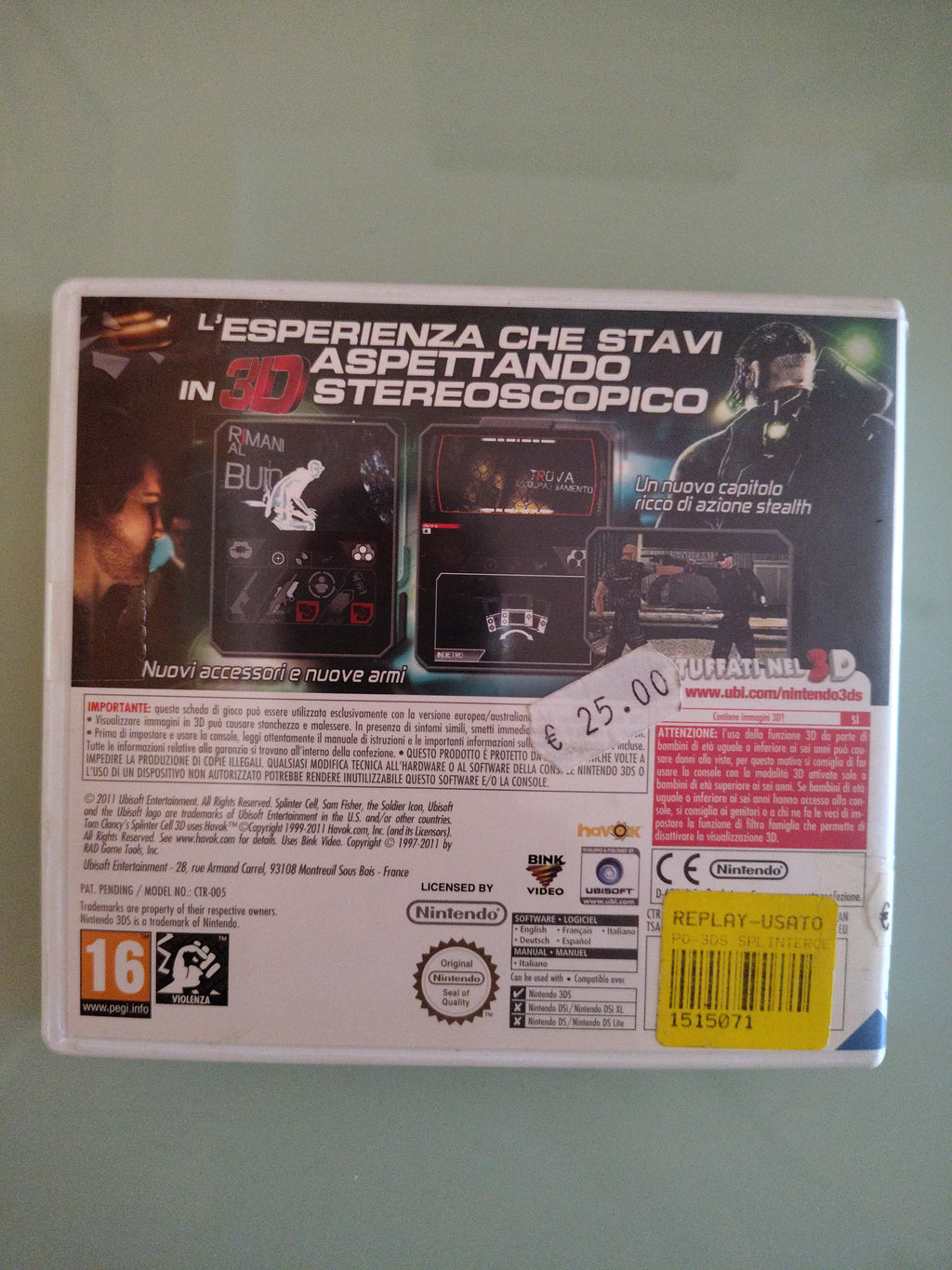 TOM CLANCY'S SPLINTER CELL 3D NINTENDO 3DS 2DS ITALIANO COMPLETO OTTIMO STATO