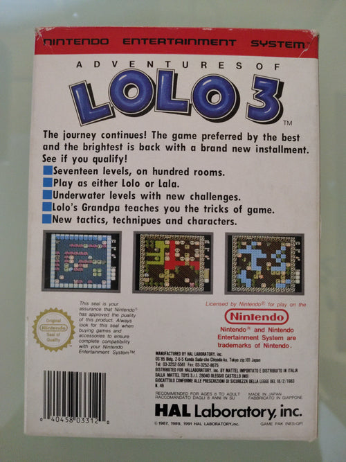 ADVENTURES OF LOLO 3 NES NINTENDO  OTTIMO COMPLETO 6/94 primo marchio Gig ( raro)